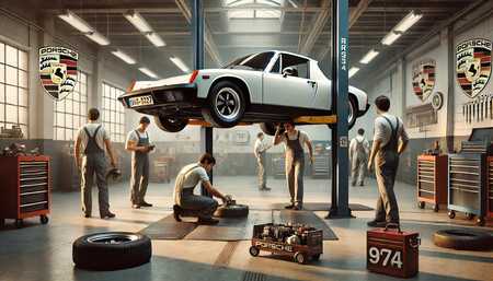 a team of mechanics working on a Porsche 914